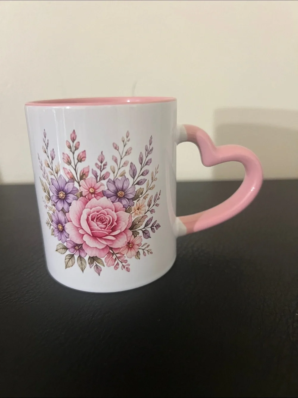 Pink Floral Ceramic Mug with Heart Handle - Elegant Gift Mug